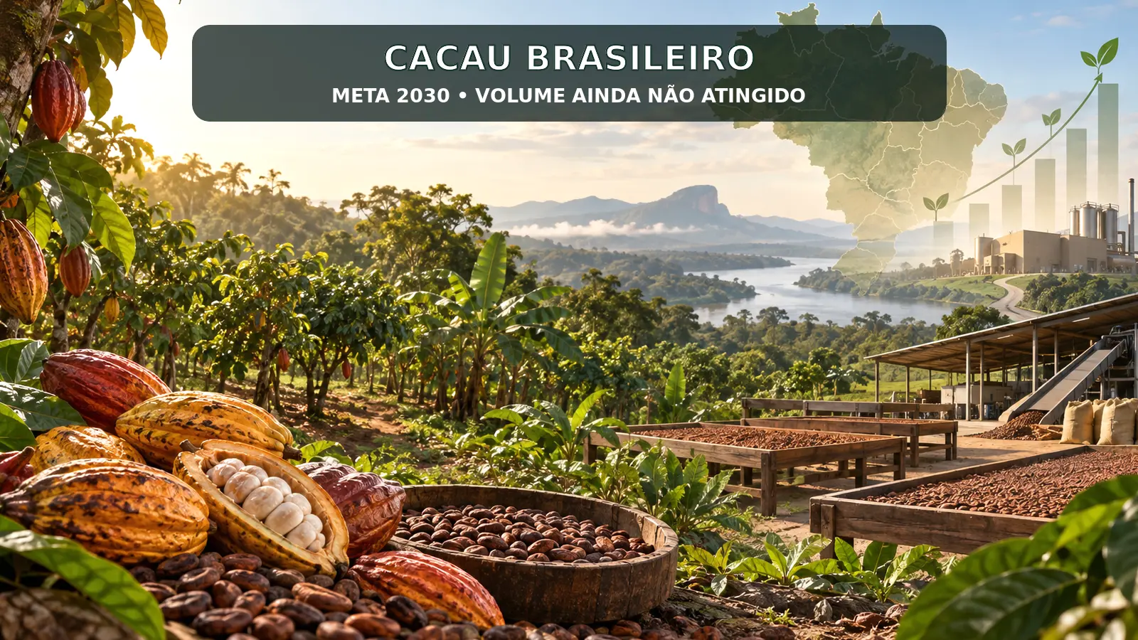 Editorial illustration of cocoa, an agroforestry landscape, a Brazil map and a processing facility with a note that the 2030 target has not yet been reached