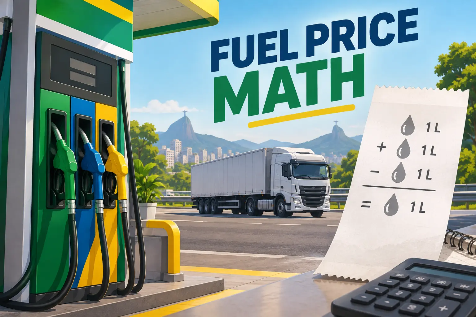 Editorial illustration of a fuel pump, freight truck and calculator in Brazilian colours