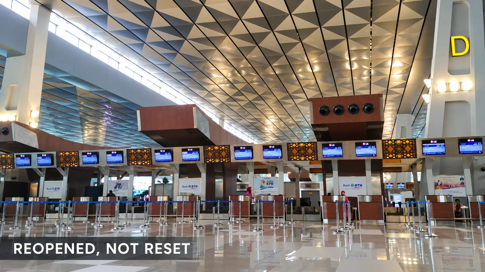 AI-adapted editorial illustration of check-in counters at Jakarta Soekarno-Hatta Terminal 3 with the title REOPENED, NOT RESET