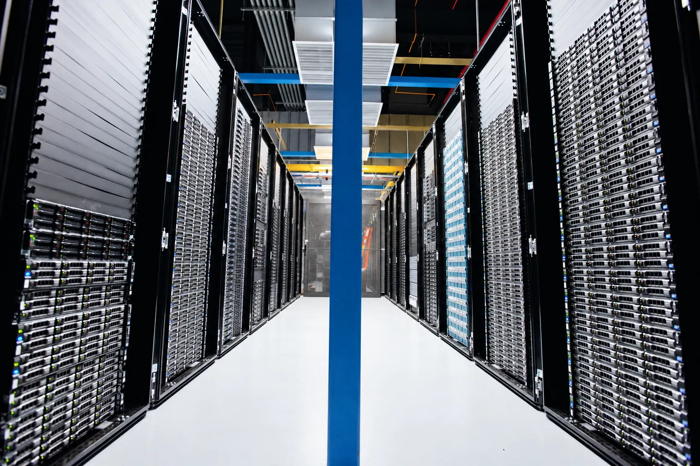 AI-adapted editorial illustration based on rows of wikimedia server racks photographed in 2012