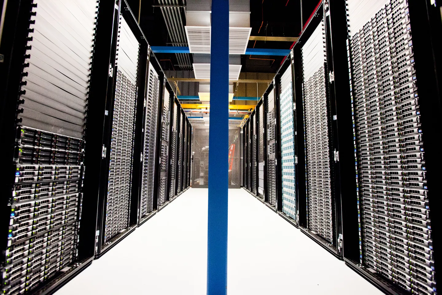 Rows of Wikimedia server racks photographed in 2012