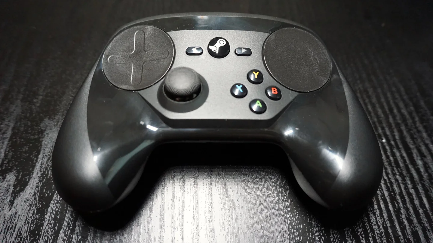 The front of an original Valve Steam Controller for PC gaming