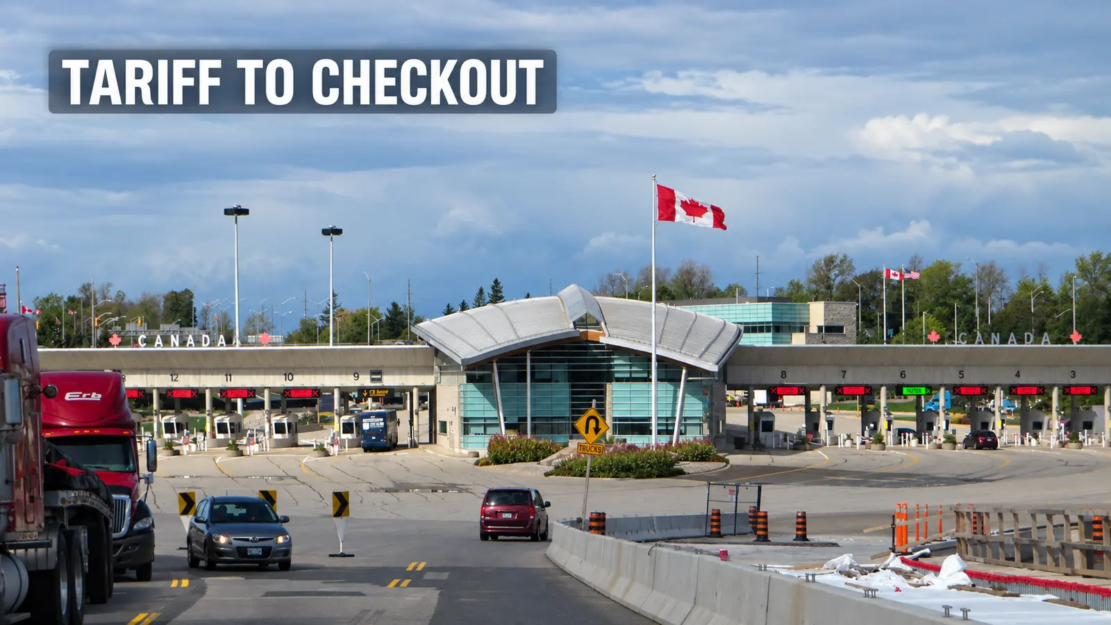 Edited archival view of the Fort Erie border customs plaza with trucks, cars and a Canadian flag