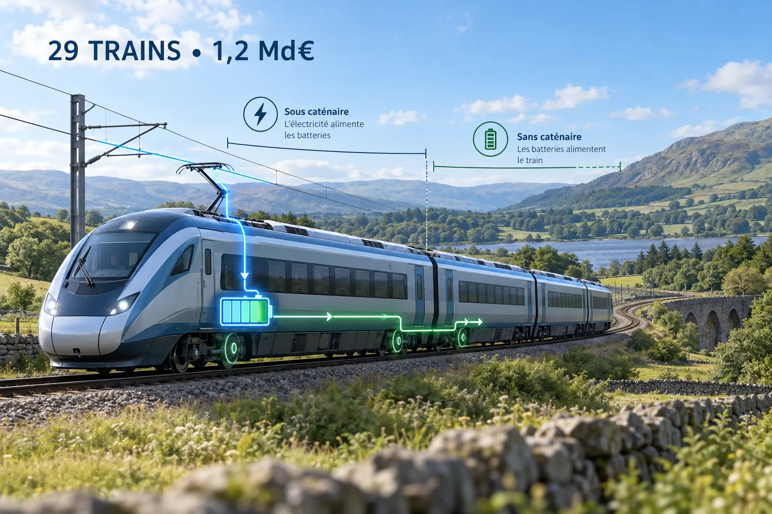 Illustration éditoriale d’un train électrique générique montrant la recharge sous caténaire puis la circulation sur batterie