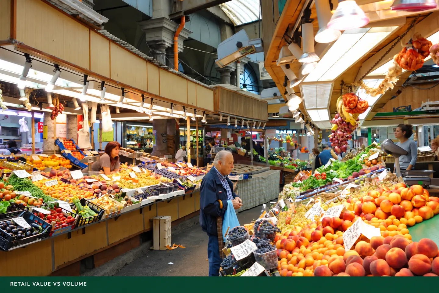 Banchi di frutta e verdura nel Mercato Orientale di Genova, con il titolo RETAIL VALUE VS VOLUME in una fascia inferiore