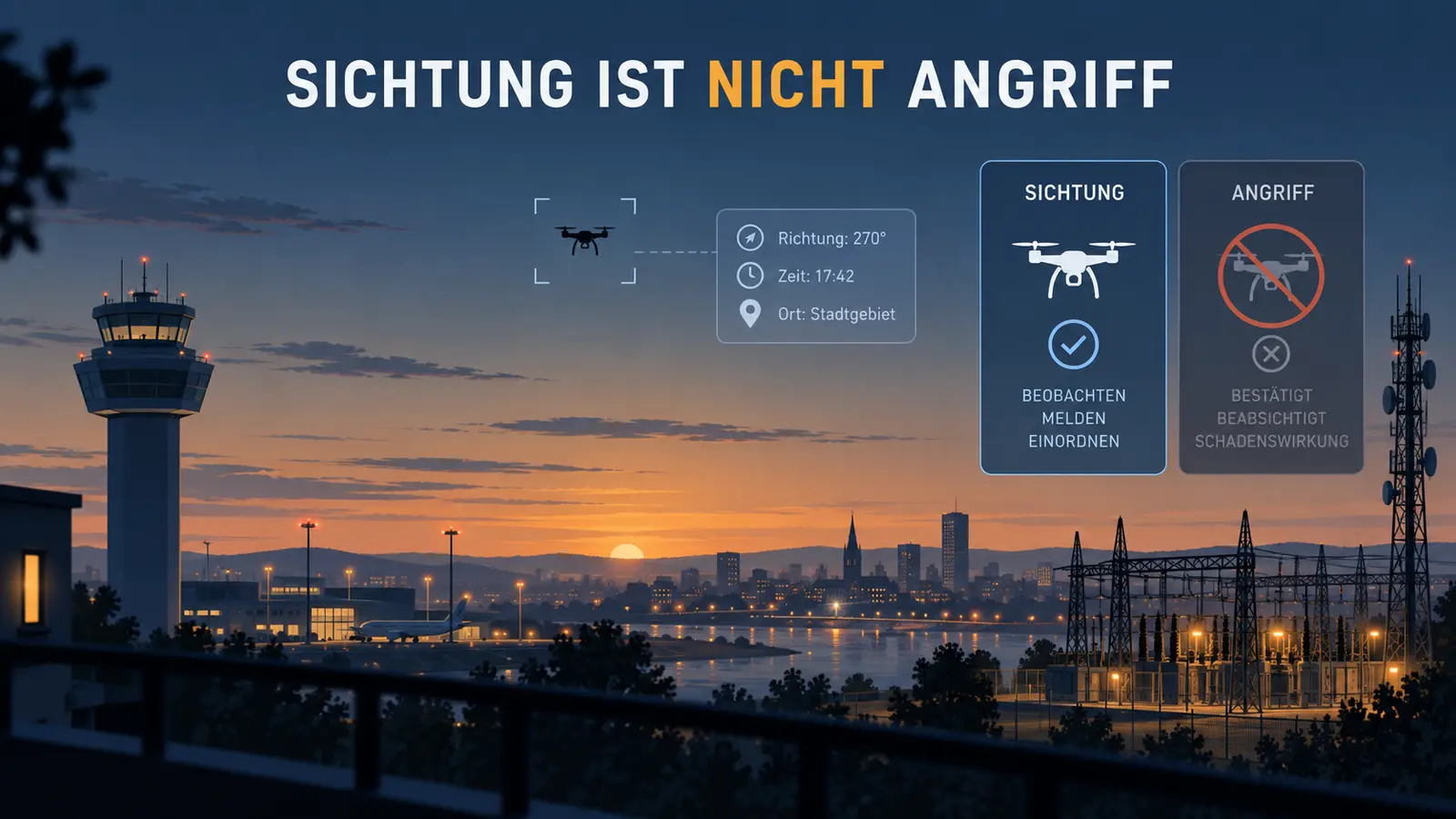 Redaktionelle Illustration einer Drohne über einem erfundenen Kontrollturm, Umspannwerk und einer Stadt mit Beobachtungsdaten