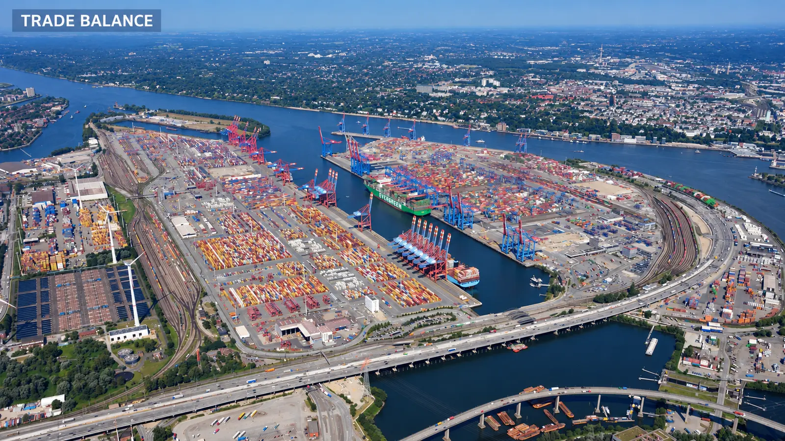 Aerial view of the Eurogate and Burchardkai container terminals in Hamburg with ships, cranes, containers and transport links.