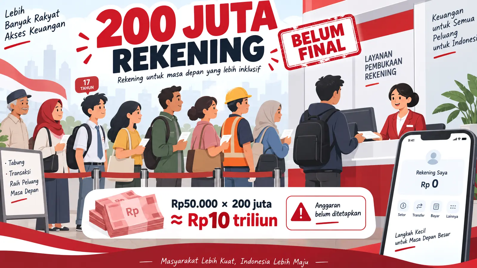 Editorial illustration of Indonesian citizens queued for a bank account with a 200 million target, a not-final warning and an Rp50,000 calculation
