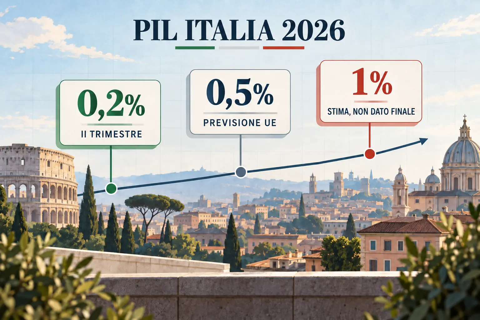 Editorial illustration separating Italy's 0.2% quarterly GDP result, 0.5% EU forecast and non-final 1% estimate