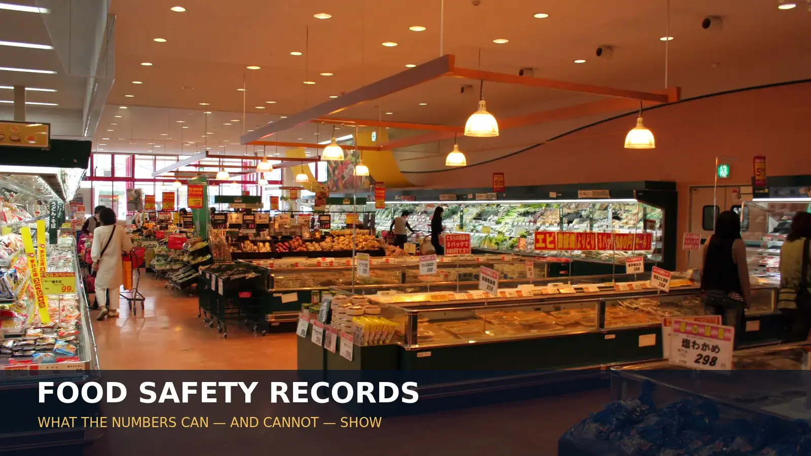 Edited archival photograph of a Japanese food retail interior with a food-safety records headline.
