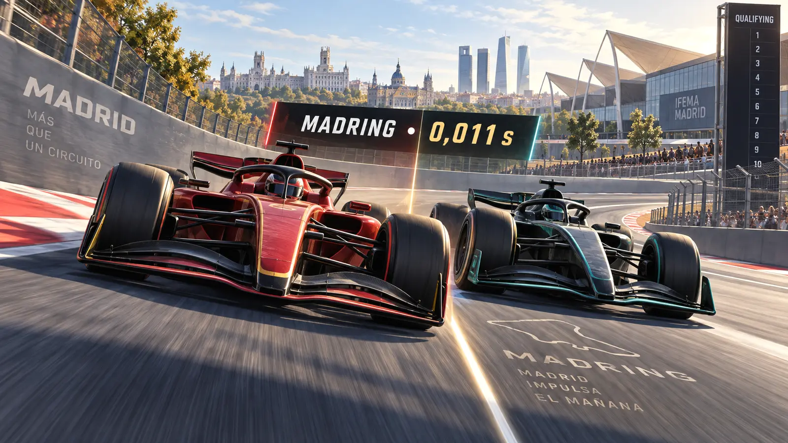 Editorial illustration of two generic open-wheel racing cars on a Madrid urban circuit separated by a 0.011-second marker