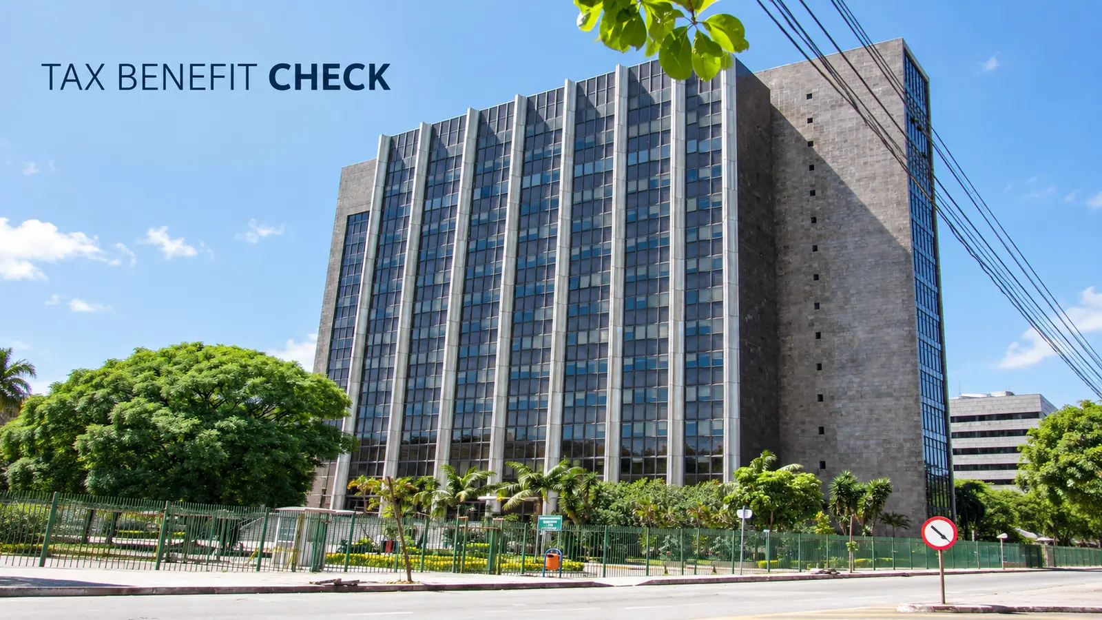 Editorial illustration based on an archive photograph of the Receita Federal building in Porto Alegre, with the title Tax Benefit Check in the sky.