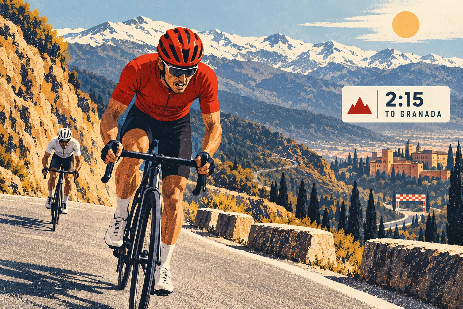 Ilustración editorial de un ciclista con maillot rojo subiendo una carretera de montaña y un indicador de 2:15 hasta Granada
