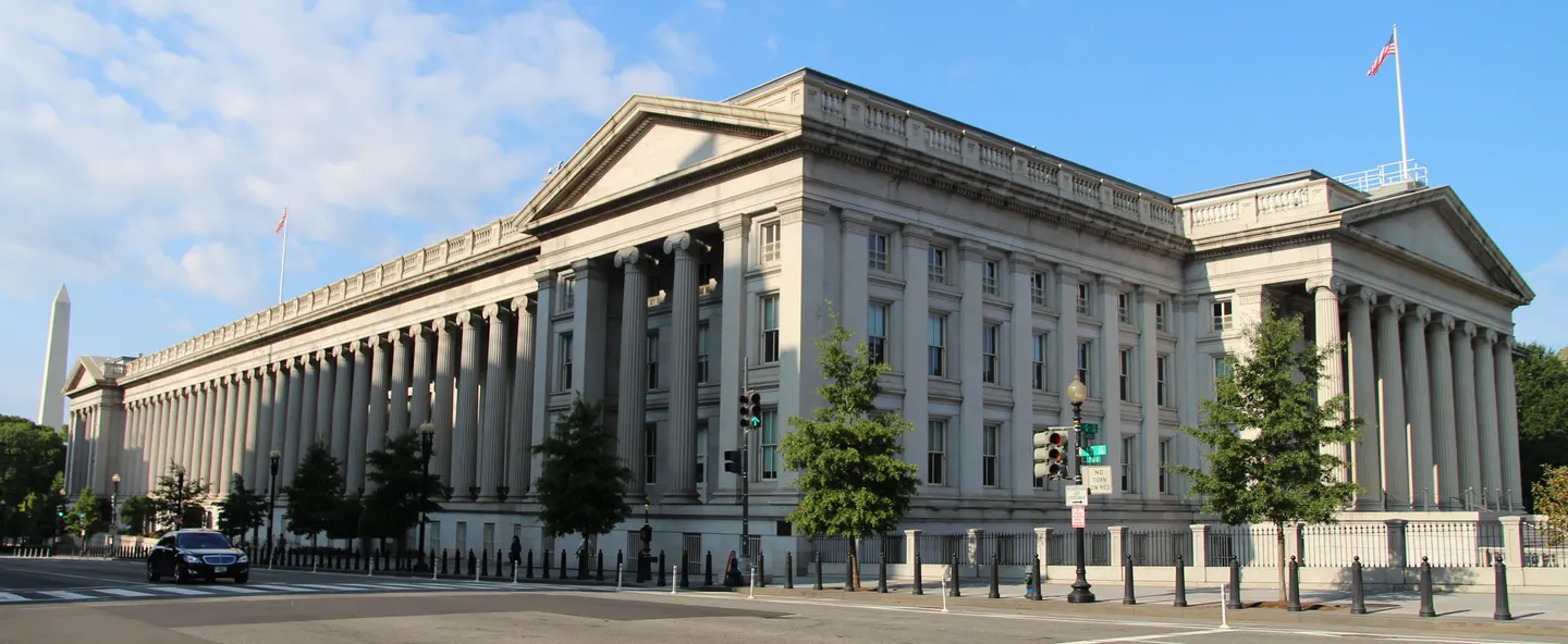 The long columned facade of the United States Treasury Building in Washington, D.C.