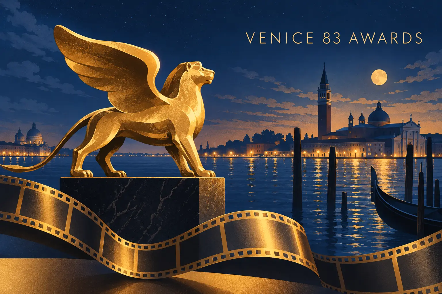 Editorial illustration with a golden winged lion, film strip and the Venice lagoon