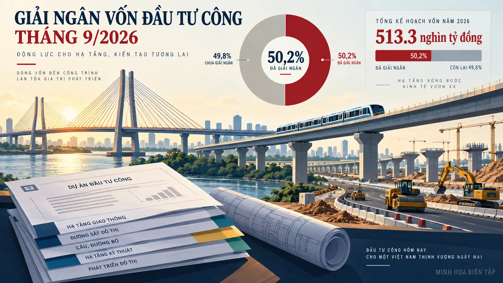 Minh họa biên tập về hạ tầng Việt Nam với vòng tiến độ 50,2% và con số giải ngân 513,3 nghìn tỷ đồng