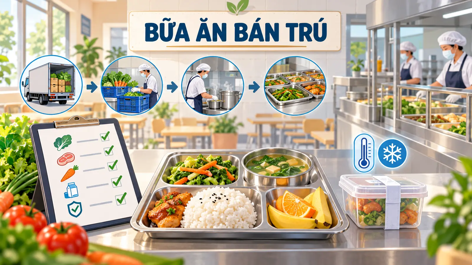 Editorial illustration of a school lunch tray, food supply chain, checklist and retained sample in a generic Vietnamese school kitchen
